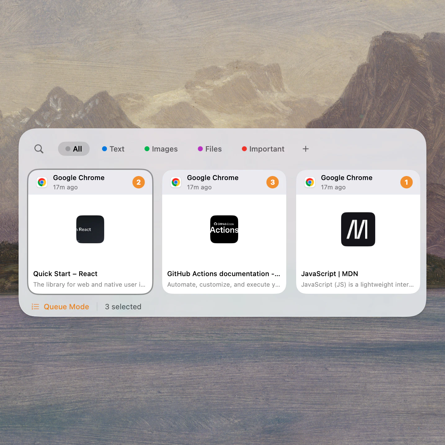 Deck paste queue interface with ordered clipboard items